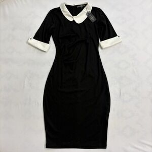 Oxiuly Collared Sheath Dress Women's Small Black White 3/4 Sleeve Vintage Style